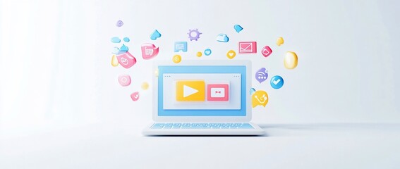 Aufkleber - Laptop screen displaying video and chat icons surrounded by colorful social media symbols.