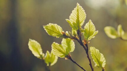 Poster - Close-up of vibrant, new spring leaves on a branch, backlit by sunlight.