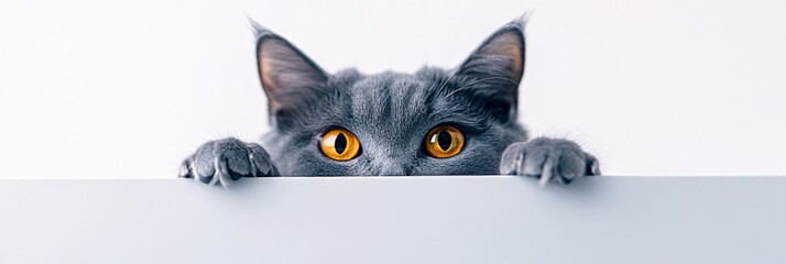 Aufkleber - Curious gray cat peeking over a white surface, showcasing its vibrant orange eyes and paws.