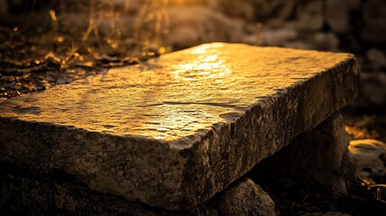 Aufkleber - Golden hour sunlight illuminates a weathered stone slab, resting on rocks, outdoors.