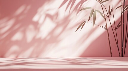 Aufkleber - Minimalist pink background with bamboo plant and shadow.