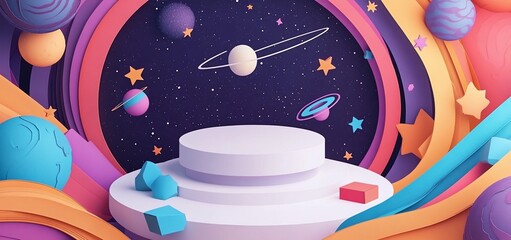 Poster - Colorful cosmic platform with planets, stars, and geometric shapes.