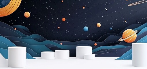 Poster - Cosmic landscape with planets, stars, and white cylindrical displays.