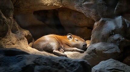 Poster - A baby capybara sleeps soundly in a rocky crevice, bathed in soft light.