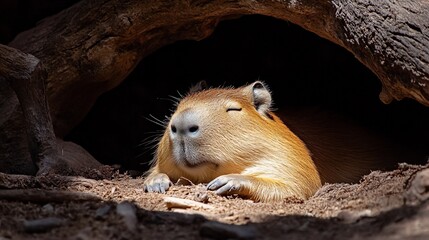 Poster - A capybara rests peacefully in its burrow, eyes closed, paws gently resting on the ground.  Sunlight streams into the dark, earthy den.