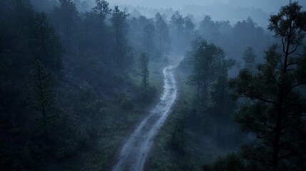 Poster - Rainy day, winding road through misty forest.
