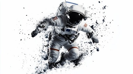 Poster - Astronaut in space suit, mid-jump, surrounded by debris against white background.