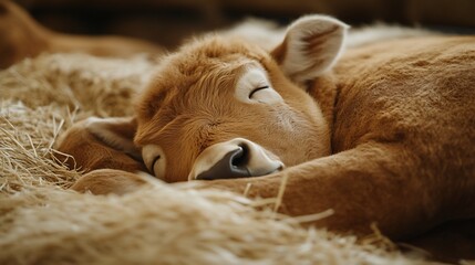 Poster - Adorable brown calf peacefully sleeping on hay.