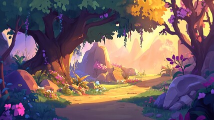 Aufkleber - Sunlit path through vibrant, whimsical forest scene with lush foliage, flowers, and majestic trees.