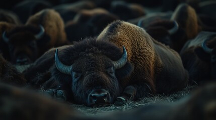 Poster - A large bison lies sleeping amongst a herd, its dark fur contrasting with the lighter brown of others.