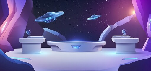 Poster - Futuristic alien spaceship landing platform scene in a rocky cave with glowing lights and UFOs.