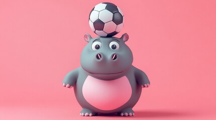 Poster - Cute cartoon hippopotamus balancing a soccer ball on its head against a pink background. (1)