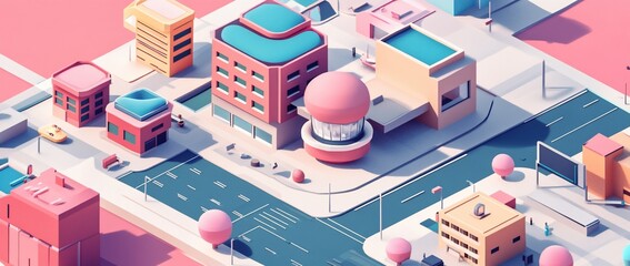 Poster - Isometric illustration of a playful city with pastel-colored buildings, roads, and vehicles.
