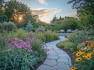 Aufkleber - Serene sunset garden path with blooming flowers, stone walkway, and tranquil seating area.