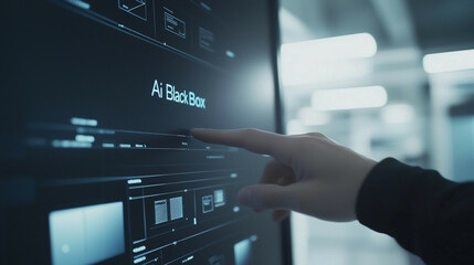  The scene shows a clean, modern screen with the large word  Ai Black Box  on the screen with blue color accent and capital letters and there is minimalist coding image below it