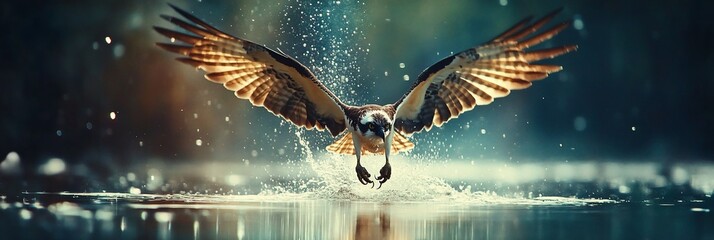 Poster - Osprey diving into water, splashing, wings spread wide.