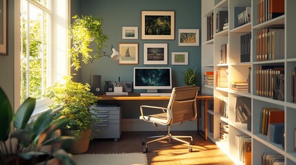 Poster - Sunlit home office with desk, computer, bookshelf, and plants.