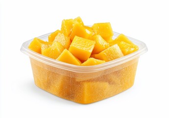 Poster - Close-up of diced mangoes in a clear plastic container, isolated on white background.