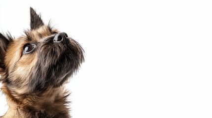 Poster - Cute small brown dog looking up, isolated on white background.