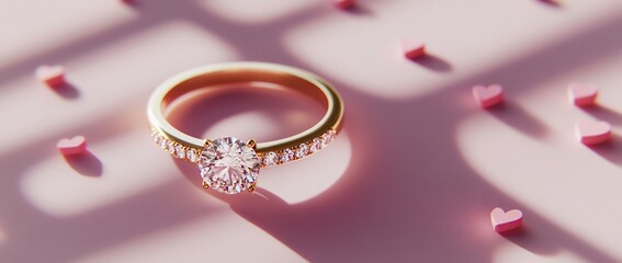Aufkleber - Gold diamond ring on pink background with small hearts.