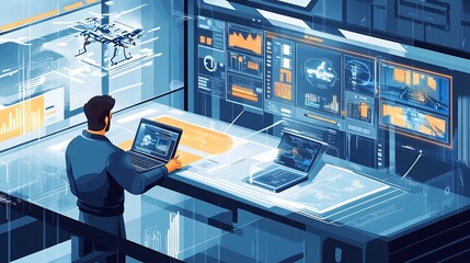 Aufkleber - Man monitoring drone delivery via futuristic interface.