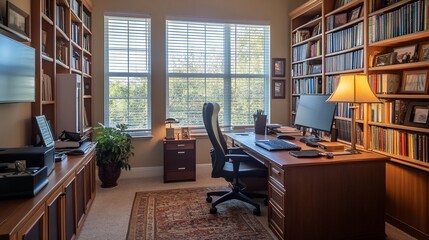 Aufkleber - Sunlit home office with built-in bookshelves, desk, computer, and comfortable chair.
