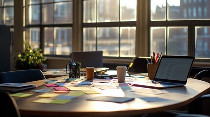 Aufkleber - Sunlit office table with laptop, papers, sticky notes, and coffee cups.