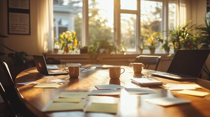 Aufkleber - Sunlit conference room table with laptops, mugs, papers, and sticky notes.