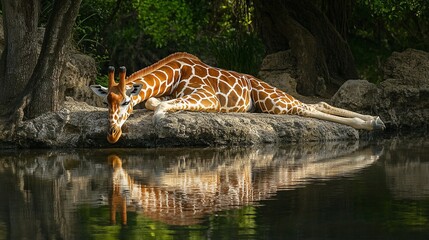 Poster - A giraffe rests on a rock near a pond, its reflection visible in the calm water.