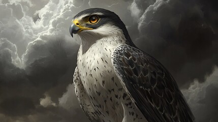 Poster - Majestic peregrine falcon portrait against dramatic stormy clouds.