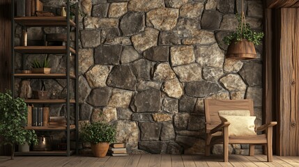 Poster - Rustic room interior with stone wall, wooden chair, and shelves.