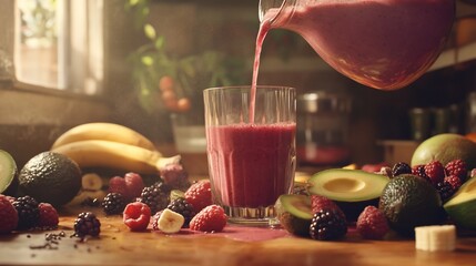 Poster - Red smoothie pouring into glass from pitcher, surrounded by fresh fruits.