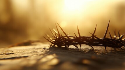 A Close-Up Image of a Crown of Thorns Resting on a Wooden Surface with a Warm Sunlight Background Symbolizing Sacrifice and Redemption