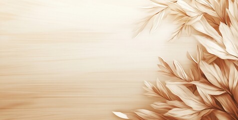 Aufkleber - Beige wood background with dried leaves corner design.