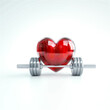 © NUTH STUDIO - Health and wellness concept. Red heart with metal dumbbell isolated on white background. Generative AI.