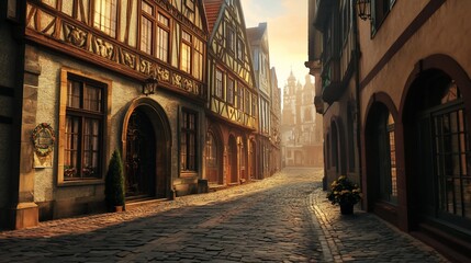 Aufkleber - Sunlit cobblestone street in a historic European town, featuring half-timbered buildings and arched doorways.