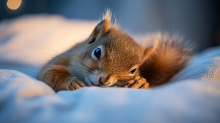 Poster - Adorable baby squirrel resting on soft white bedding, illuminated by warm light.