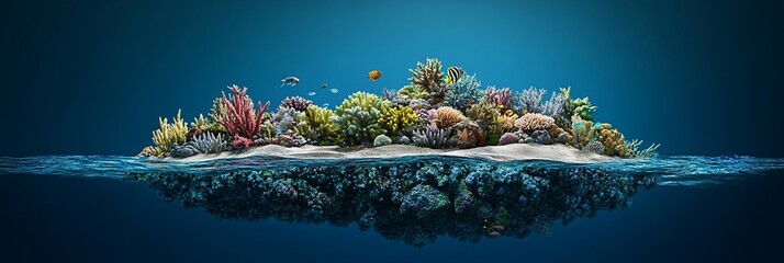 Poster - Vibrant coral reef island ecosystem underwater scene with colorful fish.