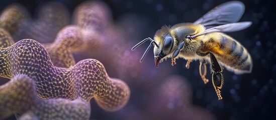 Poster - Close-up of a honeybee in flight near abstract protein structure.