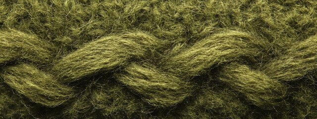 Poster - Close-up of olive green woolen fabric with a braided texture.