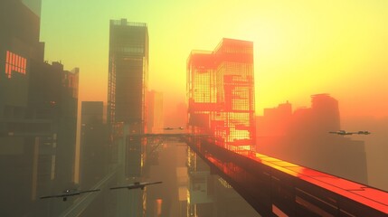 Aufkleber - Futuristic city skyline at sunset with flying vehicles and hazy atmosphere.