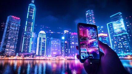 Poster - Hand holding phone displaying city skyline data at night.