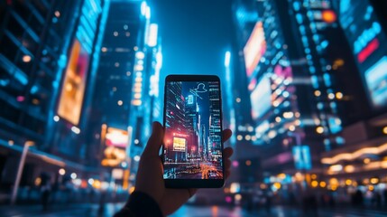 Poster - Person holding smartphone displaying city skyline at night.