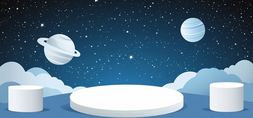 Poster - White display podiums on a cosmic background with planets and clouds.