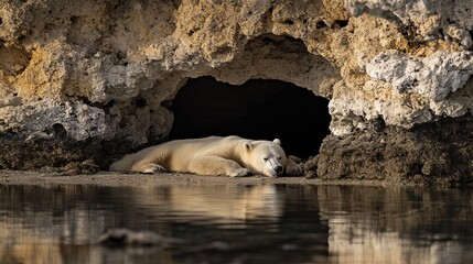 Poster - A polar bear rests near a dark cave entrance by calm water, reflecting its image.