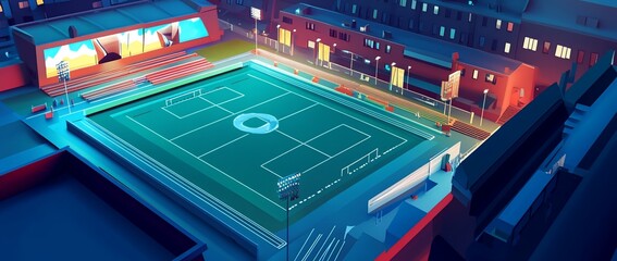 Aufkleber - Night view of a brightly lit urban soccer field with stands and surrounding buildings.
