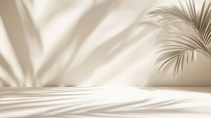 Poster - Minimalist beige background with palm leaf shadows.