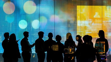 Poster - Silhouetted group of people networking at a technology event with a large digital screen displaying colorful abstract graphics in the background.