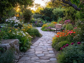 Poster - Serene garden path with colorful flowers and a wooden bench at sunset.