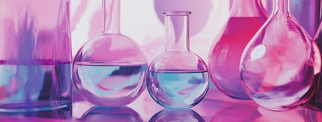 Poster - Pink and blue liquids in glass laboratory flasks.